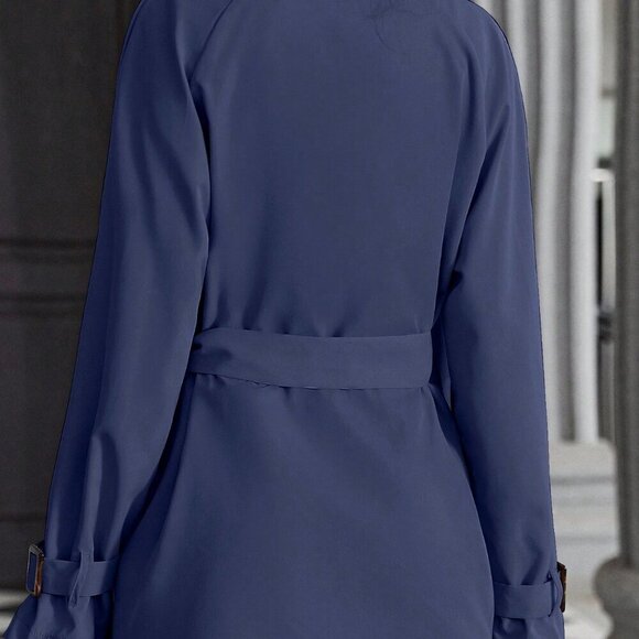 Navy Blue Casual Women's Lapel Neck Raglan Sleeve Double Breasted Trench Coat - Picture 3 of 5